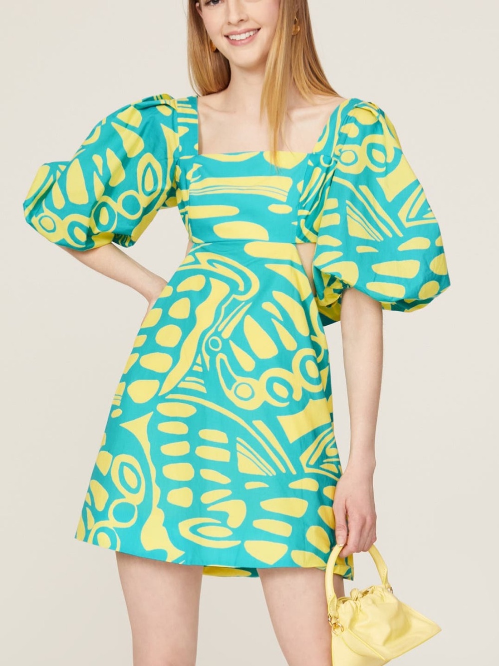Alexis Bodhi Dress Women’s Small Green Yellow Print Puff Sleeve Cutout Mini